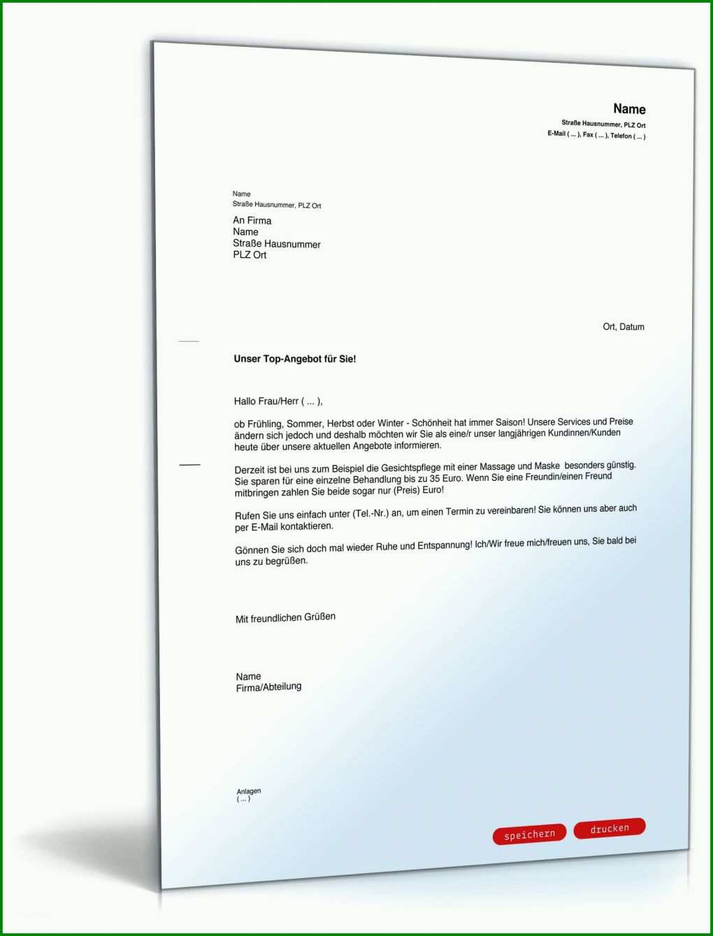 Angepasst Werbebrief Hotel Vorlage 1600x2100