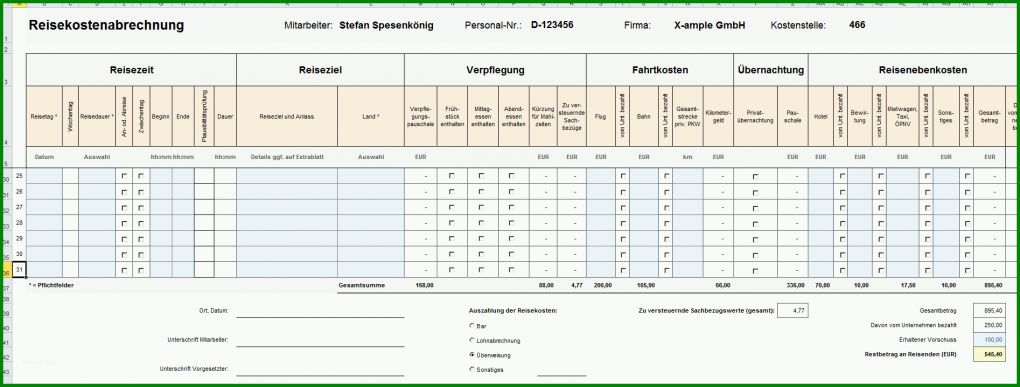 Sensationell Vorlage Reisekostenabrechnung Excel 1894x718
