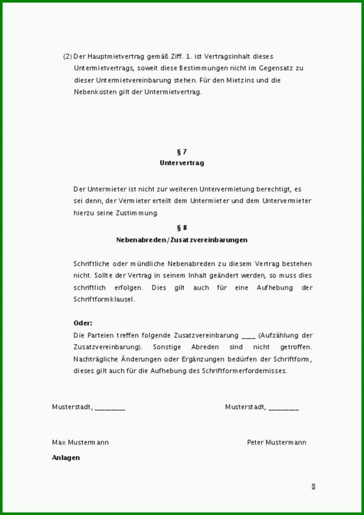 Beeindruckend Untermietvertrag Vorlage Deutschland 848x1200