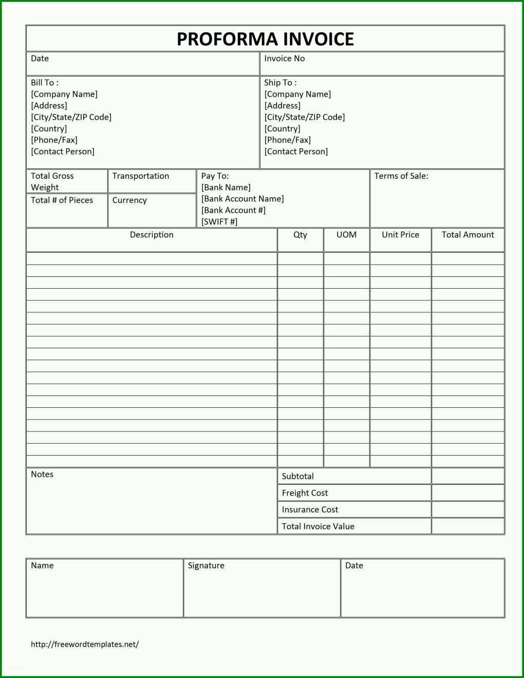 Wunderschönen Proforma Invoice Vorlage 2550x3300