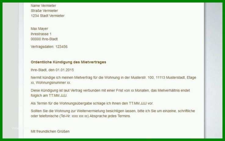 Beste Kündigung Mietvertrag Vermieter Vorlage Word 800x501