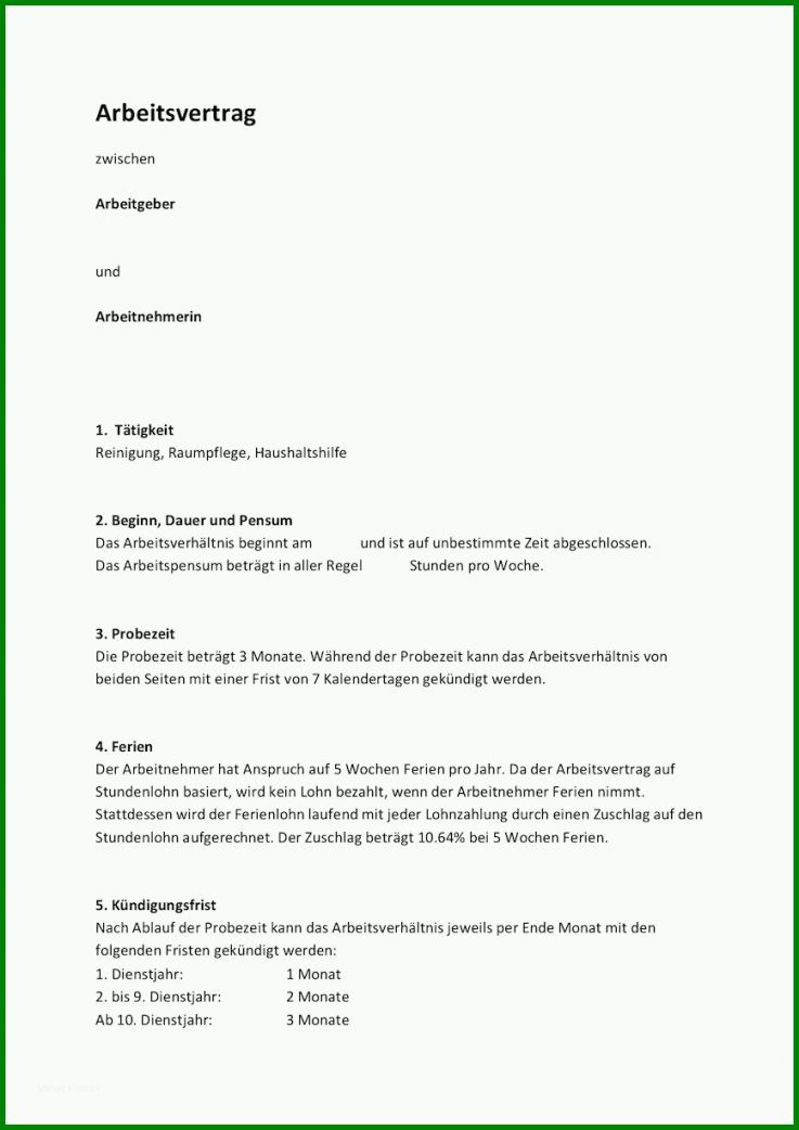 Kreativ Arbeitsvertrag Putzfrau Vorlage 868x1227