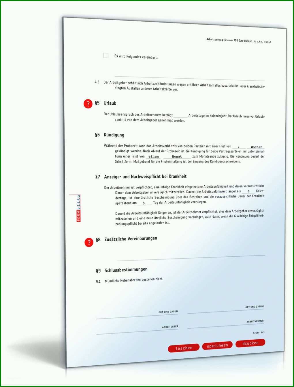 Hervorragend Arbeitsvertrag Minijob Vorlage 1600x2100